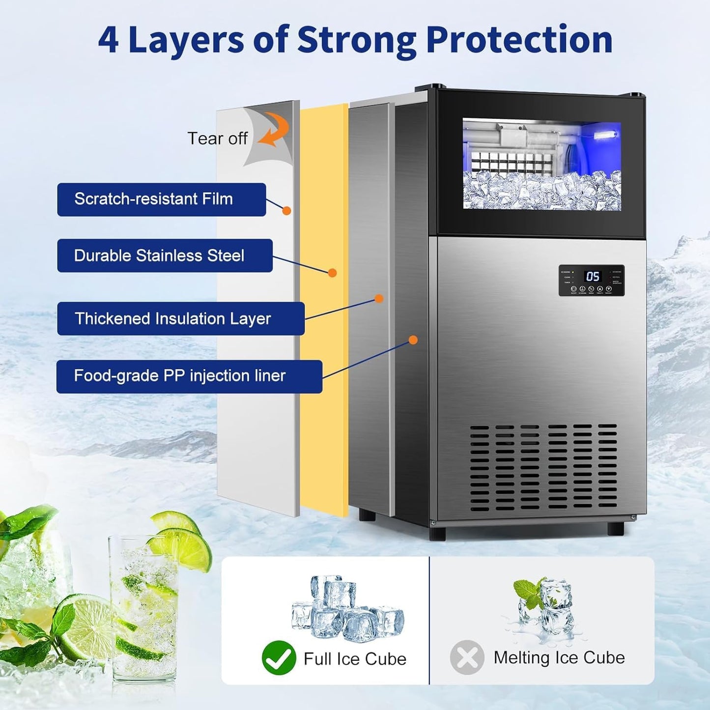 Commercail Ice Maker 130Lbs/24H with 35Lbs Ice Capacity,Upgraded 15" Wide Under Counter Ice Machine 45Pcs Ice Cubes,Commercial Ice Machine Self Clean Stainless Steel Built-in or Freestanding