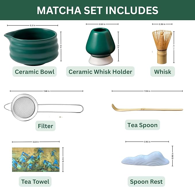 7PCS Ceramic Matcha Whisk Set - Traditional Japanese Tea Set Includes Matcha Bowl with Spout, Holder, Bamboo Whisk, Bamboo Scoop with Rest, Sifter with Tea Towel - Perfect Kit for Matcha Lovers