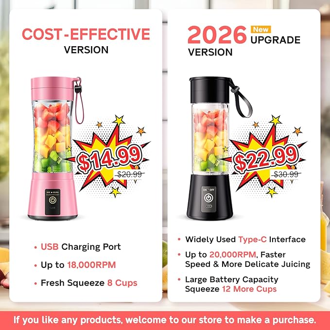 Portable Blender for Smoothies & Shakes - Cordless Personal Size Blender with 6 Blades, 380Ml Juice Cup, Lightweight & Rechargeable, Freshly Squeezed for Picnic/Sports/Office, Mother's Day