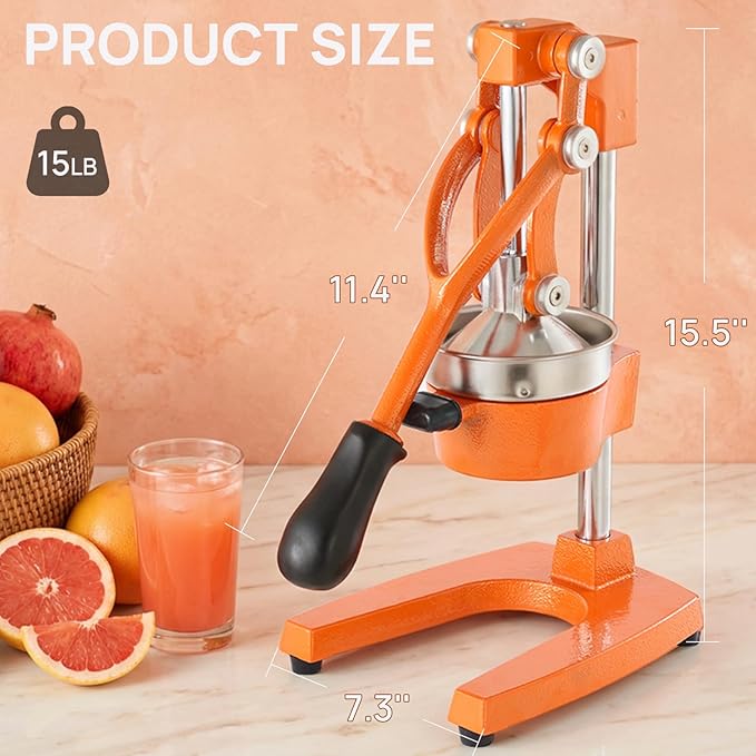 Kitchen Cast Iron Citrus Juicer,Manual Hand Press Orange Juicer,Heavy Duty Countertop Squeezer for Lemon,Orange, Easy to Use & Clean（Orange)