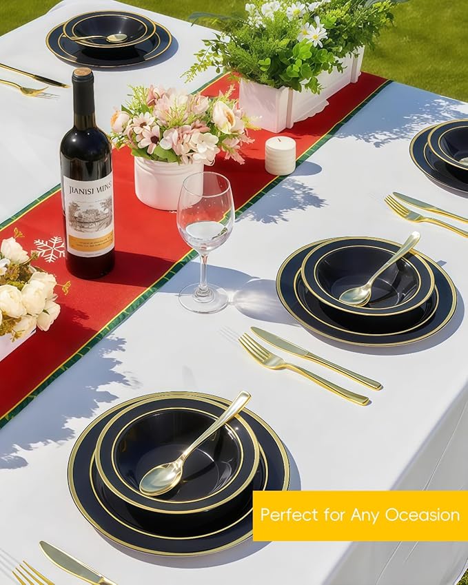 50 Pack Black Disposable Bowls with Gold Rim, 12oz Black Plastic Soup Bowls for Party, Wedding, Holiday,And Halloween