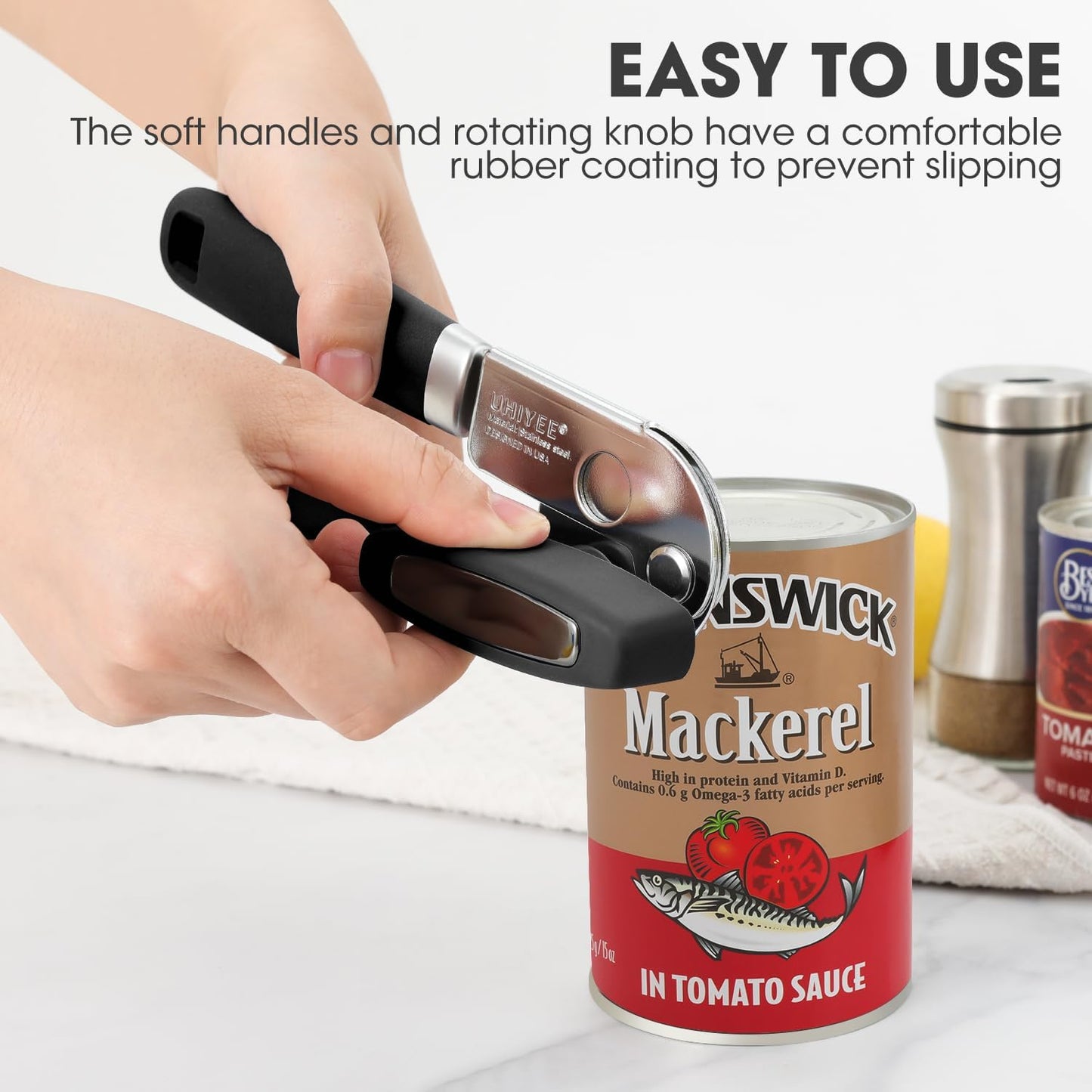 Manual Can Opener, UHIYEE Handheld Can Opener Heavy Duty with High Carbon Sharp Blade, Ease Can Open for Seniors with Comfort Grip Handles, Oversized Turn Knob, Black