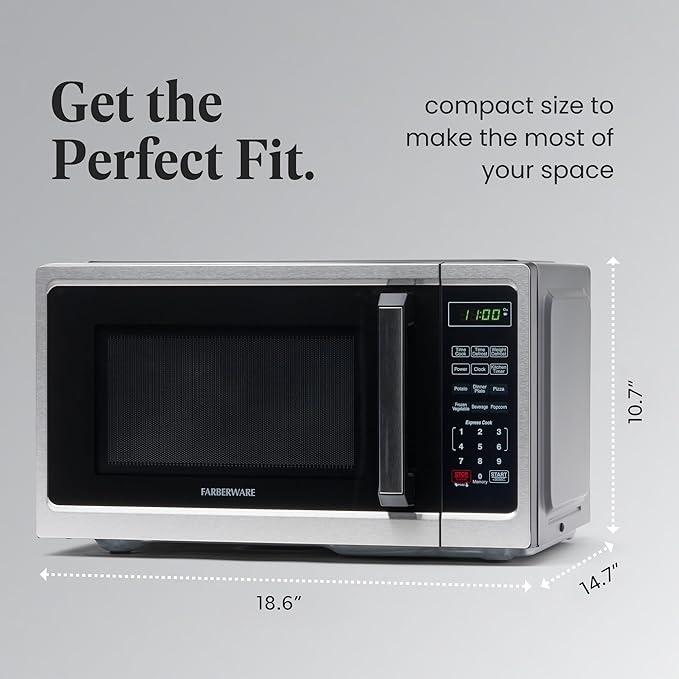 Farberware 0.9 Cu. Ft. Countertop Microwave Oven – 900 Watts Power, Auto Cook Settings, Defrost, Easy Clean and Child Safety Lock - Stainless