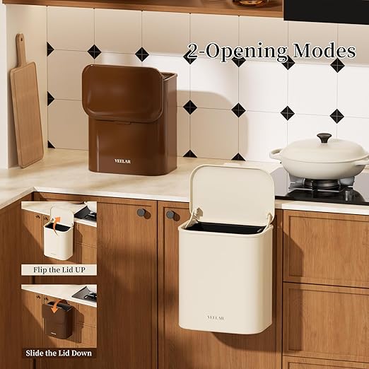 Space Saving Hanging Small Trash Can for Kitchen Cabinet, Bathroom or Office (Coffee, 2.1 Gallon (8L))