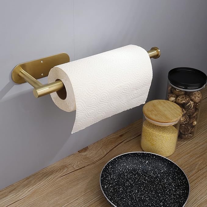 DEKAVA Paper Towel Holder Under Cabinet for Kitchen, Adhesive Paper Towel Holder Wall Mount, SUS304 Stainless Steel 13 inch(1,Gold)