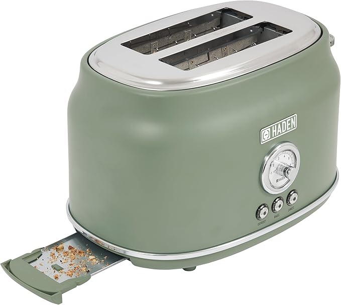 Haden Dorset 2 Slice Wide Slot Stainless Steel Toaster with Adjustable Browning Control & Non Slip Feet, Cedar Green & Chrome