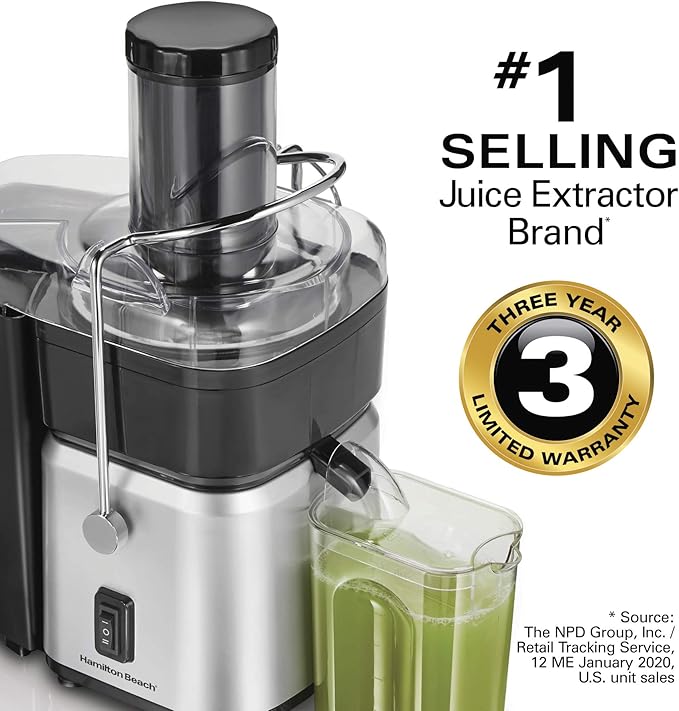 Hamilton Beach Juicer Machine, Centrifugal Extractor, Big Mouth 3" Feed Chute, Easy Clean, 2-Speeds, 30 oz. BPA Free Pitcher, 700 Watt Motor, Cleaning Brush, Black (67840)