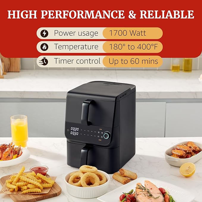 Elite Gourmet Dual Stacked Air Fryer, 10.5 Qt Total Capacity, PFAS-Free Nonstick Baskets, Sync Cook & Sync Finish, 10 Presets, 1700W, Black