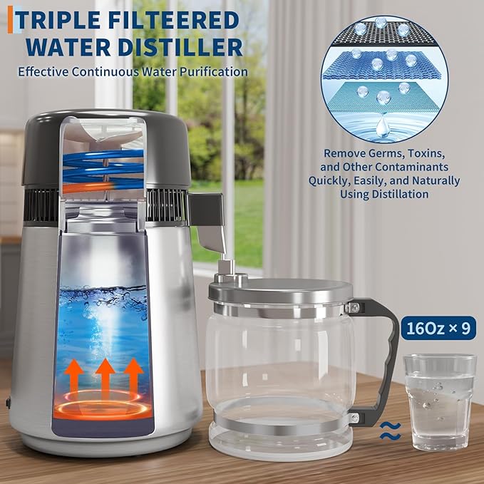 GarveeHome Water Distillers for Home Countertop, 1 gal/4 L Stainless Steel Distilled Water Machine with Glass Container, 750W Desktop Drinking Purifier Filter Distilling Kit, Silver