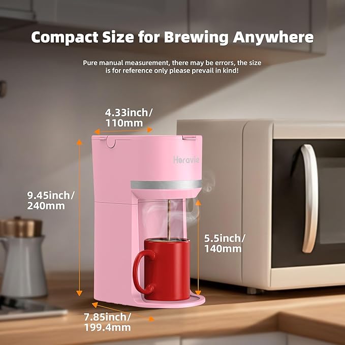 Horavie Mini Single Serve Coffee Maker for K Cup and Ground Coffee, Fast Brew One Cup Coffee Machine with Descaling Reminder and Water Window, 6 to 12 oz. Brew Sizes, Pink