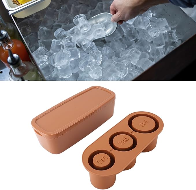 Silicone Ice Cube Tray, Spill Hollow Cylindrical Ice Tray, Easy Release, Safe, Large Capacity, Removable Lid, Reusable for Freezer (Brown)
