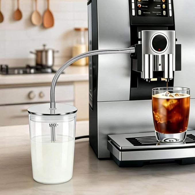 Glass Milk Container with Stainless Steel Milk Pipe Casing and HP3 Adapter Compatible with Jura Coffee Machine Models E8, S8, Z8, Z6 (16.9oz)，Replaceable for 72570