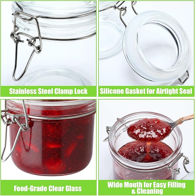 LemonRoad Airtight Glass Jars with Hinged Lids Set of 12, Paired with 2 Chalkboard Labels, Small Mason Jars in 3 Sizes (4/7/9.5oz), Clamp Lock Canisters for Jam, Spice, Honey, Kitchen Organization