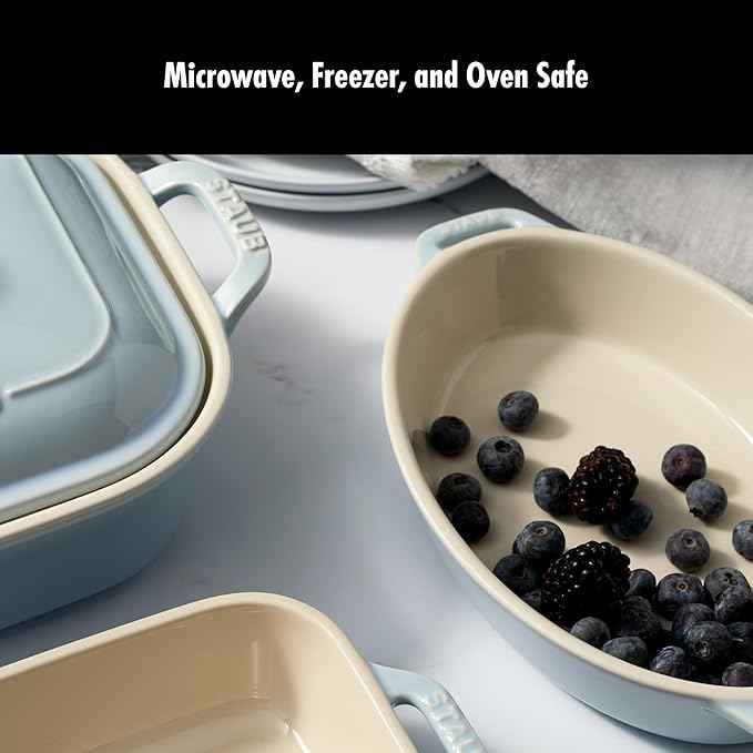 Staub Ceramic 4-pc Baking Pans Set, Casserole Dish with Lid, Brownie Pan, Light Blue