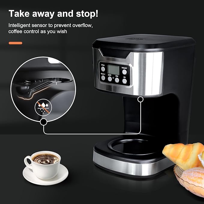 Programmable Coffee Maker 12 Cup Brew & Drip coffee machine, Fully Automatic, 1-4 Cup Setting, Stainless Steel,Keep- Warm Function, Household, Home and Office,Black