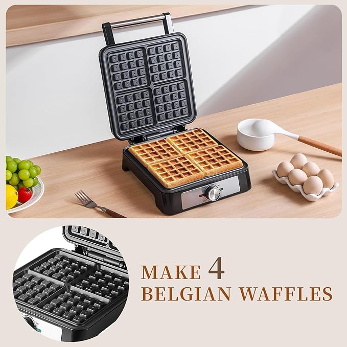 UVFAST Waffles Maker Waffle Iron, 4 Belgian Square Waffle Maker, Belgian Waffle Maker Thick with Non-stick Plate, Breakfast Waffle Machine Make Waffle in Minutes, 3 Browning Level, 1200W