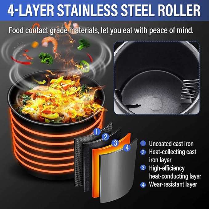 Automatic Stir Fry Machine Countertop Cooker with Water Spray & Drum Design – Natural Gas Powered Smart 360° Cooking Machine Capacity 1.5L-9.3L,110V 100W