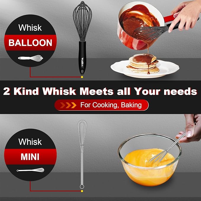 Silicone Whisks set with 7+5in mini stainless steel whisk, Non Scratch Coated 7+9+11in Whisks for Nonstick Cookware,Premium for Blending, Whisking, Beating, Frothing & Stirring