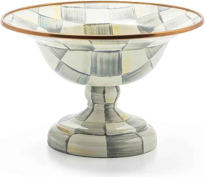 MACKENZIE-CHILDS Enamel Compote, Cute Enamel Pedestal Serving Dish or Decorative Bowl, Small, Gray-and-White Sterling Check