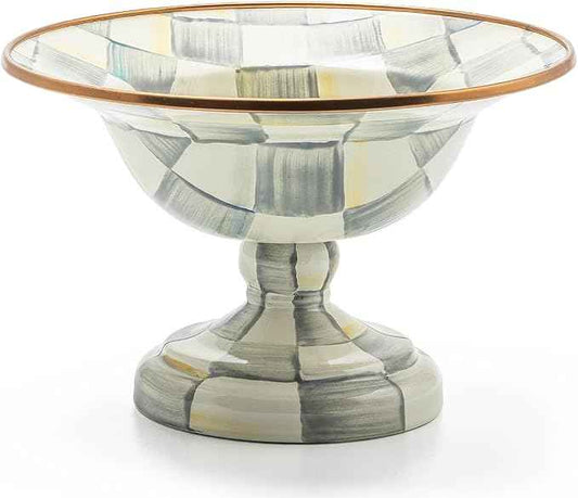 MACKENZIE-CHILDS Enamel Compote, Cute Enamel Pedestal Serving Dish or Decorative Bowl, Small, Gray-and-White Sterling Check