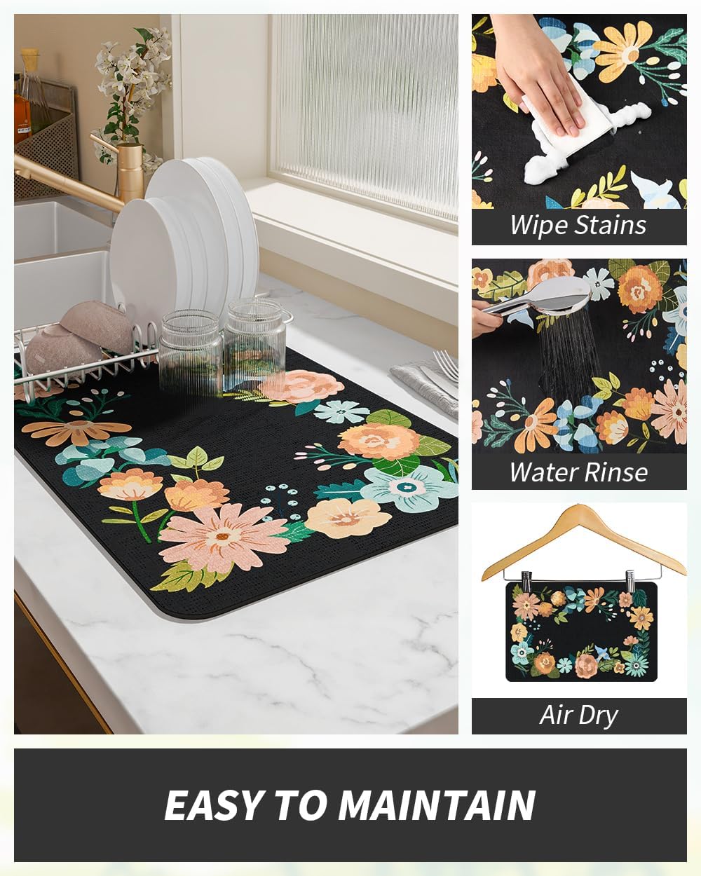 AMOAMI Coffee Mat Hide Stain Rubber Backed Absorbent Dish Drying Mat for Kitchen Counter - Bar Accessories Fit Under Coffee Maker, Espresso Machine, Dish Rack - Floral Black 12x19