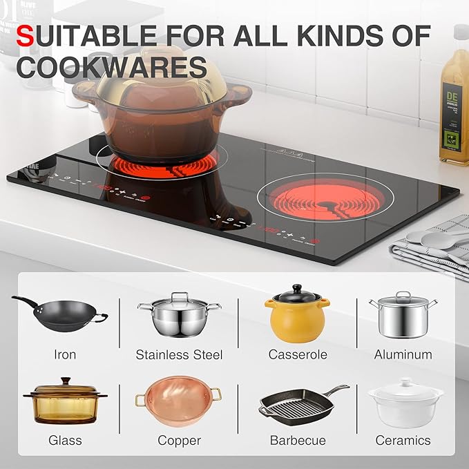 3000w Electric Cooktop, 24" Electric Stove 2 Burner Hot Plate Built-in Double Burner Cooktop with LED Touch Screen,9 Heating 9 Temperature,Kids Lock & Timer,Suitable for all Pans