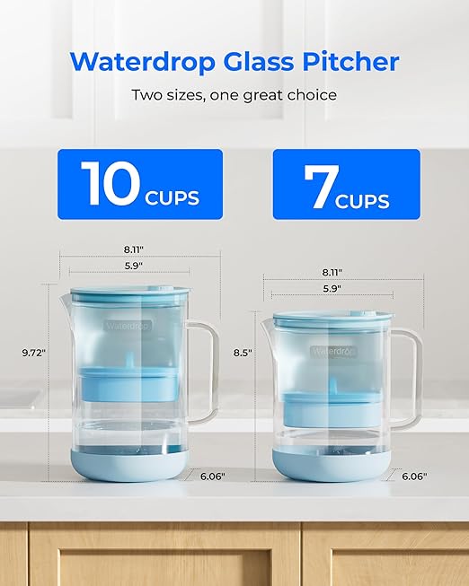 Waterdrop PT-09B-A 10-Cup Large Glass Alkaline Water Filter Pitcher, Eco-Friendly, Enhances Alkaline Water, for Home & Office, Reduces PFOA/PFOS, Chlorine, Cadmium, Copper & Mercury, Blue