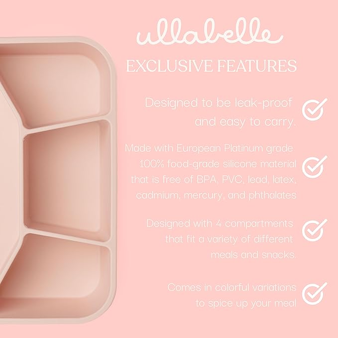 Ullabelle Leak Proof Bento Box Food-Grade Silicone Bento, BPA, Phthalate, Lead, & PVC Free - Bento Lunch Box for Daycare, Kids, & Adults - Leak Resistant Sets With Lids Snack Box Container (Peach 4)