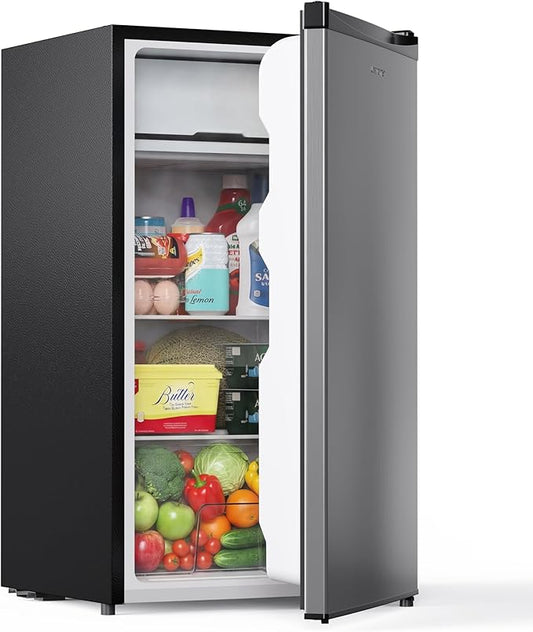 Upstreman 3.2 Cu.Ft Mini Fridge with Freezer, Single Door Compact Refrigerator, Adjustable Thermostat, Small Refrigerator for Dorm, Bedroom, Office, Stainless Steel-SR321