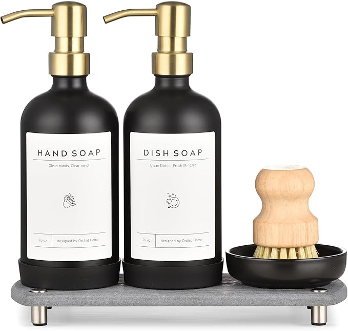 [Luxury] Kitchen Soap Dispenser Set - 16OZ Black Glass Bottle, Stainless Steel Pump, Instant Dry Tray, Waterproof Labels, Non-Slip Silicone Pad, and Dish Brush | Upgrade for Your Kitchen and Bathroom