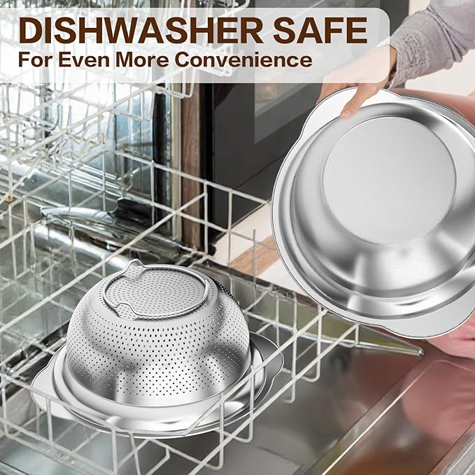 Stainless Steel Strainer with Mixing Bowl, Rice Washer, Colander for Kitchen, Rice Strainer, Fruit and Vegetable Wash, Microporous Colander, Fruit Cleaner Bowl, Dishwasher Safe, 2 Quart
