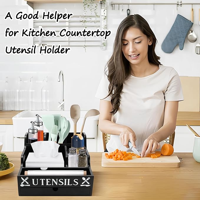 Large Kitchen Utensil Holder with Drawer Organizer, Bamboo Silverware Organizer for Countertop, Cutlery Tray with Dividers for Flatware Spoon Forks Knives Cooking Tool (Black)