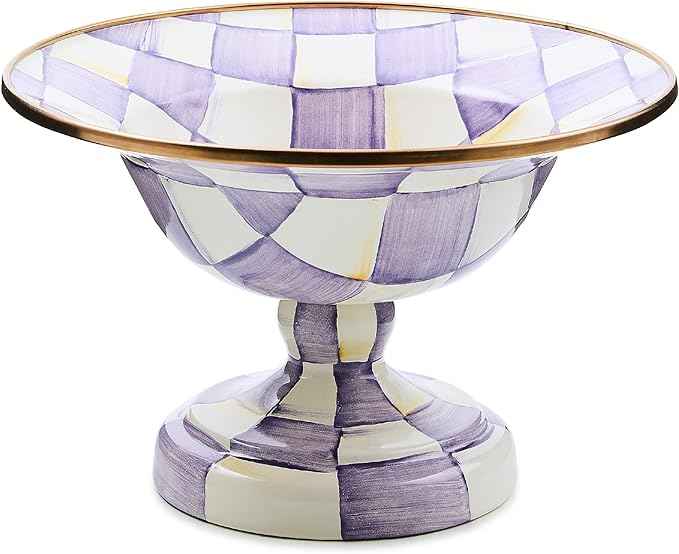 MACKENZIE-CHILDS Enamel Compote, Pedestal Serving Dish or Decorative Bowl, Small, Purple-and-White Violet Check