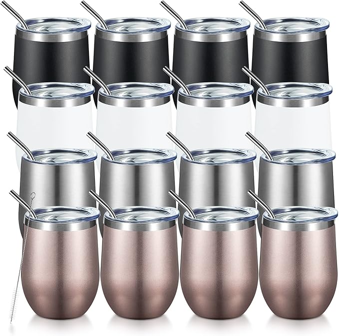 COMOOO Stainless Steel Wine Tumbler with Lid and Straw 12oz Double Wall Vacuum Insulated Travel Tumbler Cup for Coffee, Wine, Cocktails, Champagne (Black White Silver and Rose Gold, 16 Pack)