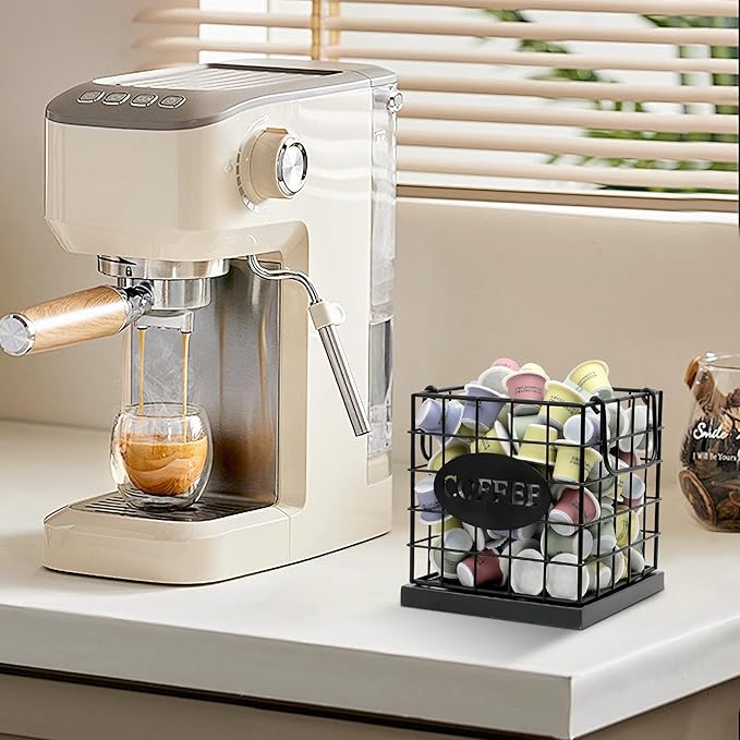 Coffee Pod Holder Organizer,Large Capacity K Cup Holder Organizer, Storage Basket for Kitchen Countertop Office Coffee Bar with Wooden Base(Rustic Black-Square)