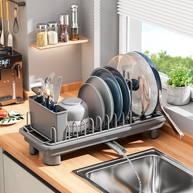 SanDream Small Dish Drying Rack with Removable Utensil Holder & Anti-Scratch Base - Stainless Steel Dish Rack, Dish Drying Rack with Drainage & Space Saving Design for Kitchen Counter, Gray