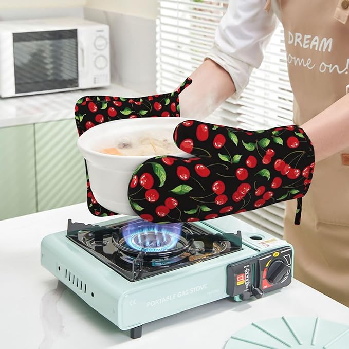 Watercolor Cherries Oven Mitts and Pot Holders Sets Silicone Cherry Fruit Pattern Kitchen Oven Mitts Hot Pads Heat Resistant Potholders Kitchen Mitts Set for Baking BBQ Cooking