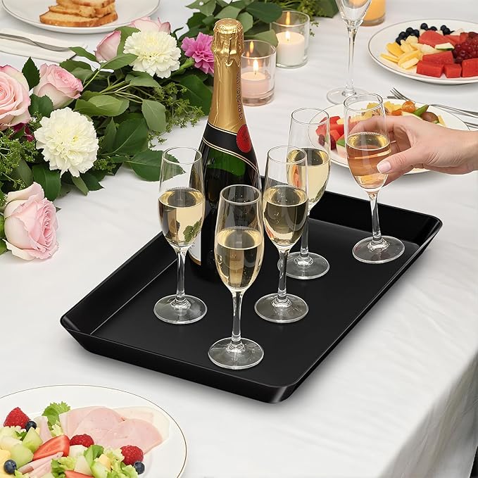 SpaceTrove 10-Pack Serving Tray Set, Reusable Plastic Serving Platter for Party Supplies, Entertaining, Grilling Accessories, Stackable Kitchen Snack Container for Dessert, Fruit, Cookie, (Black)