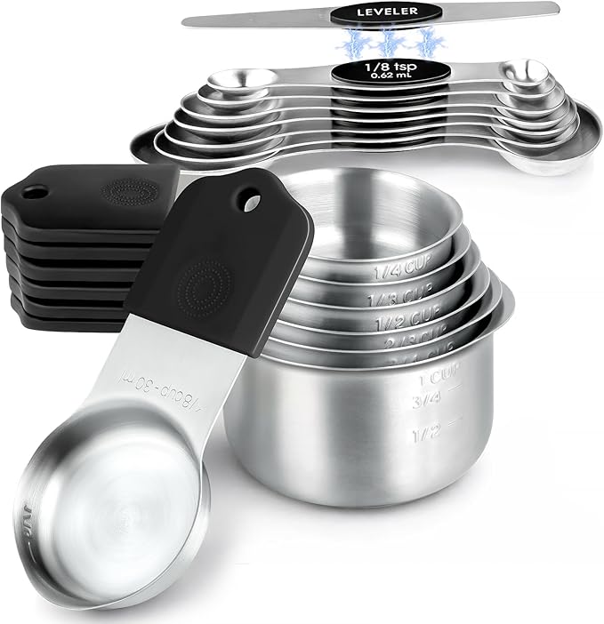 Magnetic Measuring Cups & Spoons Set, Strong N45 Magnets, Heavy Duty Stainless Steel Fits in Spice Jars for Baking & Cooking, BPA Free, Round Set of 15 with Leveler,Dark Black