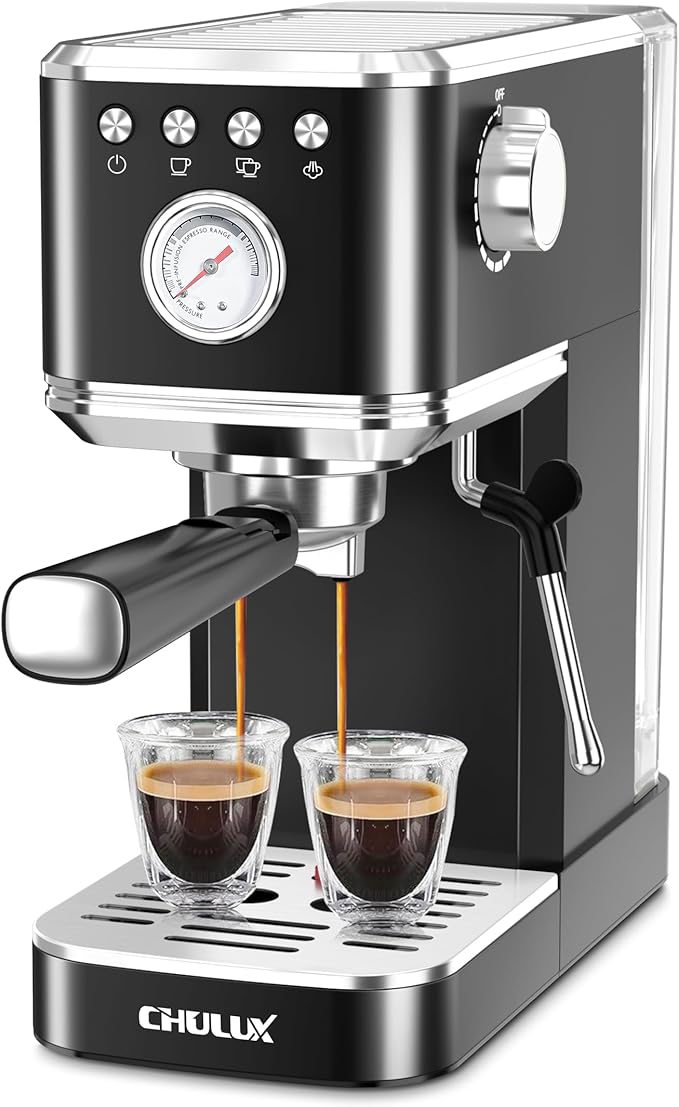 CHULUX Slim Espresso Machine with Milk Frother, 20 Bar Professional Italian Pump Espresso Coffee Machine for Home Cappuccino & Latte Maker, Stainless Steel, Black