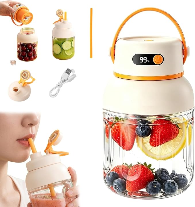 Portable Electric Juicer Cup with Zero Cord Hassle, USB-C Rechargeable Multifunctional Portable Juicer Cup for Smoothies, Protein Shakes, Travel, Gym & Office (800ML)
