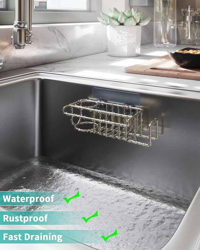 HapiRm Sink Caddy Sponge Holder - No Drill Sponge Holder for Kitchen Sink, Rustproof and Waterproof Kitchen Organizer - Brushed Nickel（8.65 * 3.54 * 2.36 in）