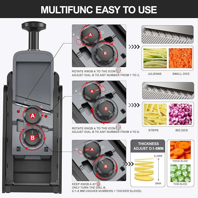 QYKIC 2026 Upgrade Safe Mandoline Slicer,Vegetable Chopper,Potato Slicer, Onion Chopper with Drain Basket Storage Container, Cheese Grater Kitchen Chopping Artifact (Black)