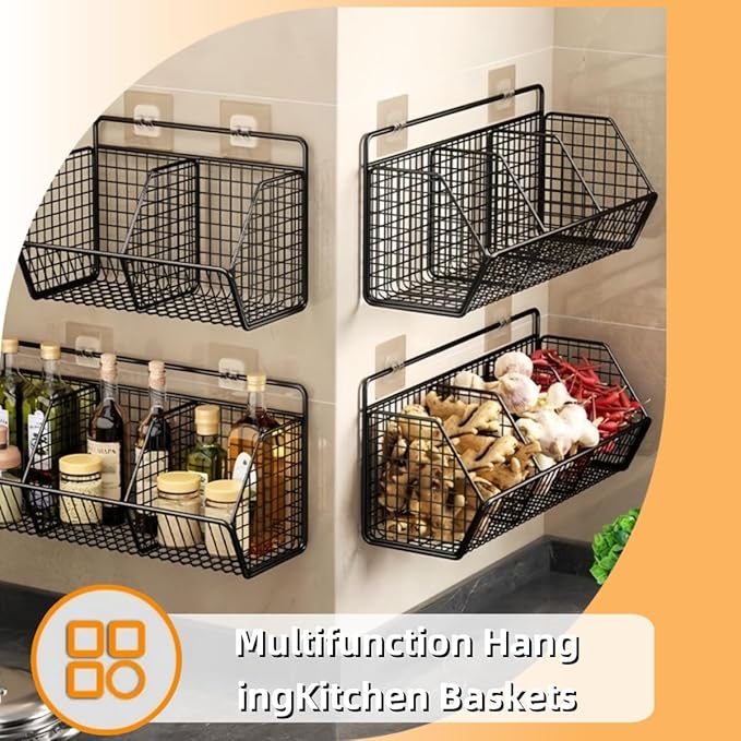 Hanging Wire Fruit Basket with Adhesive Hooks, Hanging fruit baskets for Kitchen counter, Wall basket for Home Bathroom Pantry, Space Saving Hanging Baskets for Organizing Wall Mount Storage