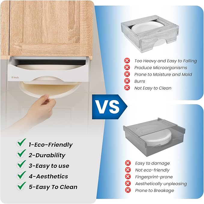 9-inch Paper Plate Dispenser Under Cabinet, Bamboo Paper Plate Holders, Kitchen Counter Vertical Plate Dispensers Holders Countertop Caddy(For 9-inch Plates, White)