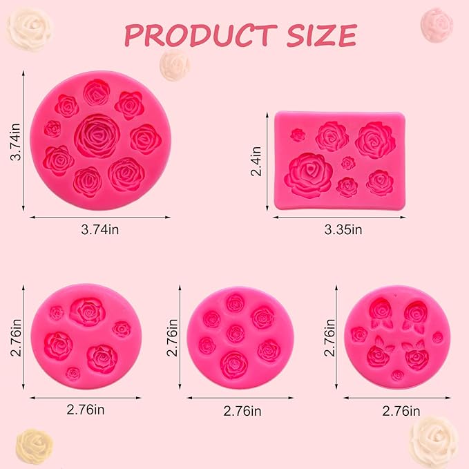5Pcs Rose Flower Silicone Molds Small Flower Fondant Chocolate Candy Molds Polymer Clay Resin Ice Cube Soap Wax Mold for Baking