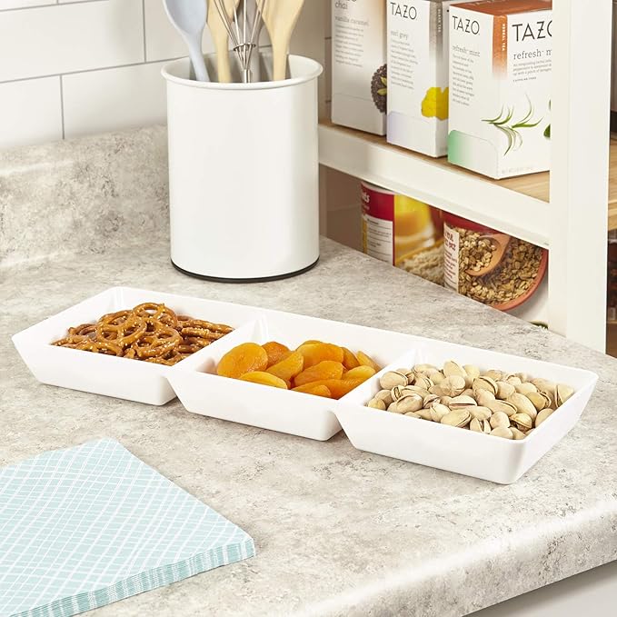 US Acrylic Avant White Plastic Divided Serving Trays (Set of 4) 15” x 5” | Narrow Reusable 3-Section Party Platters | Serve Appetizers, Fruit, Veggies, & Desserts | BPA-Free & Made in USA