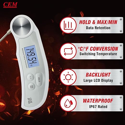 CEM Professional 3X Faster 0.5sec Instant Read Meat Thermometer Digital, High Accuracy ±0.5°F, IP67 Waterproof, 5.9" with Ambidextrous Instant Read Thermometer Backlight Fry Oil Candy Thermometer
