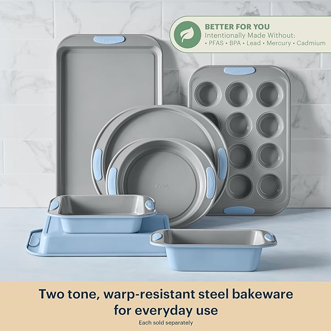 Pyrex (3-Piece) Metal Cookie Sheet Bakeware Set, Lightweight Stainless Steel Baking Trays with Heatsafe Silicone Handles, Cookie Sheet Baking Pan, Cerulean