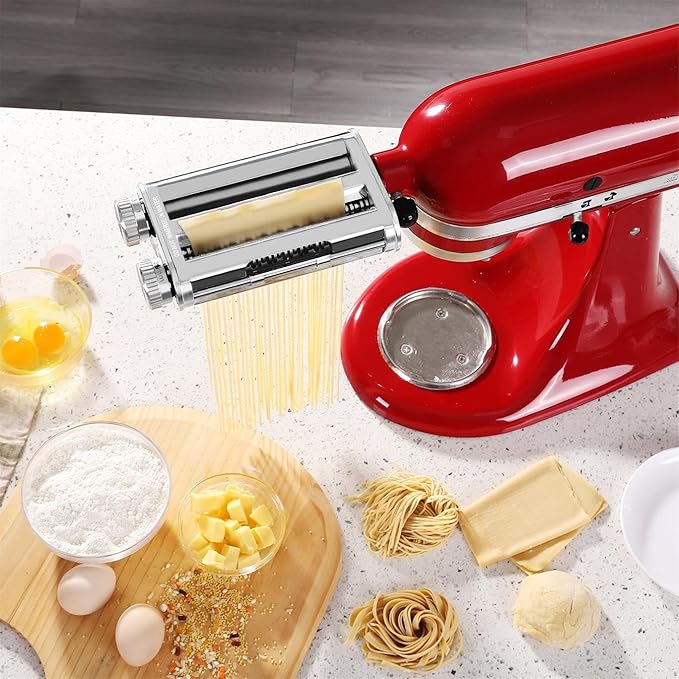 FavorKit 3 in 1 Pasta Maker Attachment Set for KitchenAid Mixers Plus Hub Knob Screw Accessory Included Dough Sheet Roller, Noodle Spaghetti & Fettuccine Cutters-Unique Design